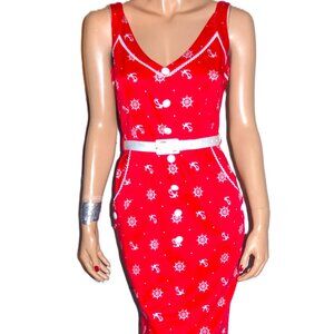 Voodoo Vixen Red White Pin-up Sailor Pencil Dress M NWT